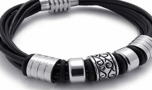 KONOV  Jewellery Genuine Leather Biker Mens Bracelet Wristband, Magnetic Stainless Steel Clasp, Colour Black Silver, Length 8.5 inch (with Gift Bag)