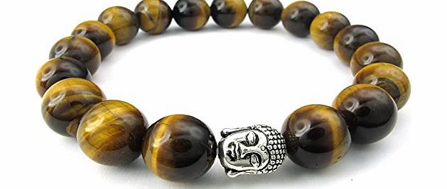  Jewellery Mens Tiger Eye Gemstone Bracelet, 12mm Beads, Buddha Mala, Brown Silver (with Gift Bag)
