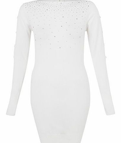 Diamante and Bow Detail Knit Jumper Dress (Medium-Large,Cream)