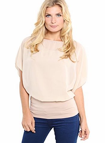 Krisp Oversize Chiffon Mesh Batwing Twin Layered Jersey Vest 2 In 1 Top Blouse Party(12,Stone)
