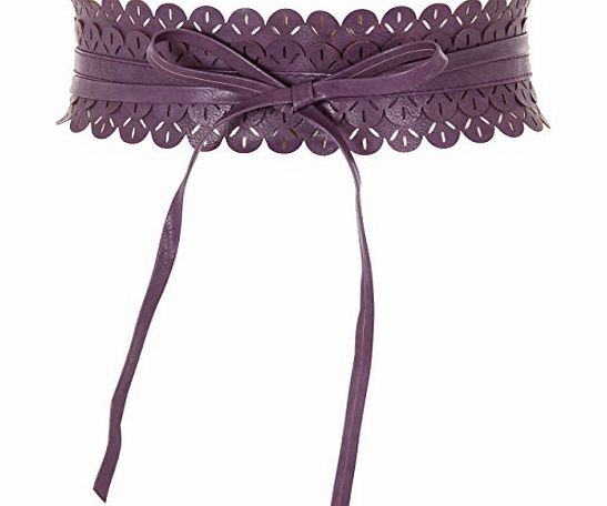 Krisp Tie Round PU Leather Waist Cinch Belt (One Size ,Purple (scalloped))