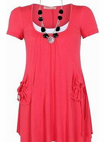 Krisp Womens 2 in 1 Boho Pleated A Line Necklace Jersey Tunic Dress Vest Top Festival (Coral,18)
