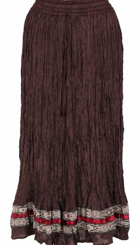 Womens Ladies Gypsy Boho Tiered Crinkled Sequin Hippie Long Maxi Skirt Dress (Chocolate (border trim),S)