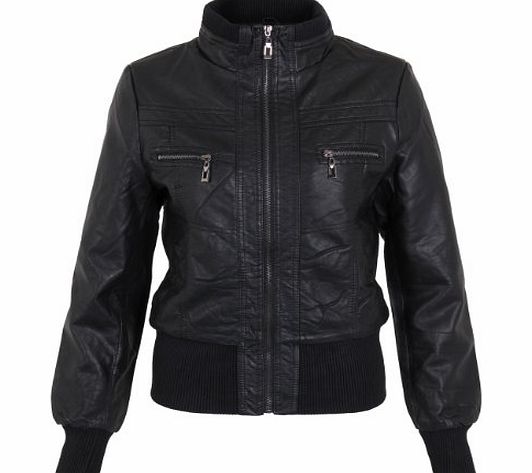 Womens Ladies Zip Up Soft PU Leather High Neck Cropped Bomber Biker Jacket Coat (Black,10)