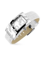 Krizia Women` Logoed Diamond Case White Leather Dress Watch