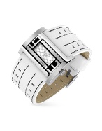 Women` White and Black Wide Leather Band Dress Watch