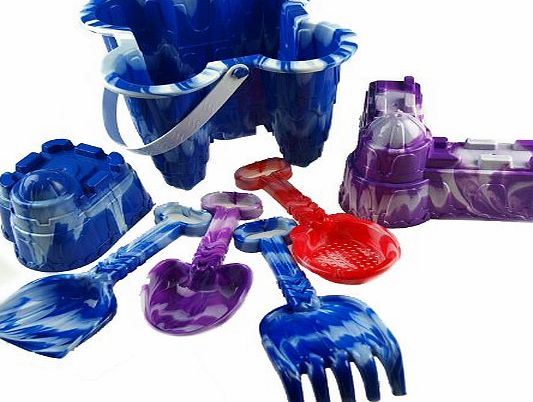 KT Marble Bucket And Spade 7 Piece Beach Toy Set With Castle Moulds - BLUE