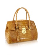 Camel Croco Stamped Genuine Leather Satchel Bag