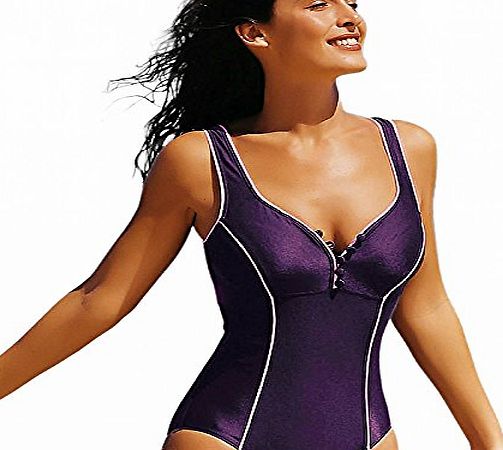 La Isla Womens One Piece Built-in Cup Deep V Button Swimwear Swimsuit Purple 14