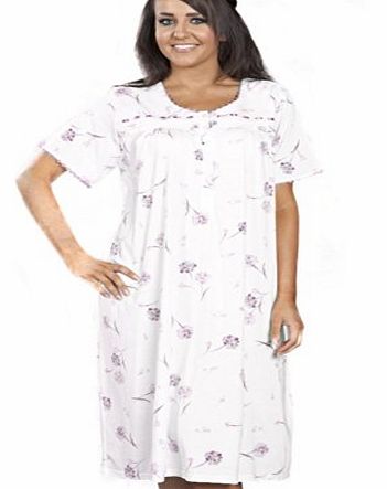 Womens/Ladies Nightwear/Sleepwear Short Sleeve Floral Nightdress With Top Buttons, Lilac Medium/Large