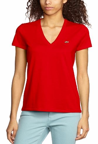Lacoste Women V-Neck 1/2 Sleeve T-Shirt - Red - Rot (CAD ETNA) - 20