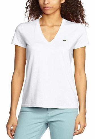 Lacoste Womens Short Sleeve V-Neck Jersey T-Shirt, White, Size 12 (Manufacturer Size: EU 40)