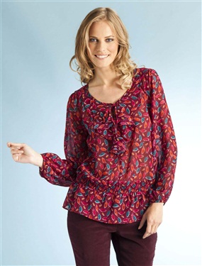 Ladies Feather Print Ruffled Front Blouse