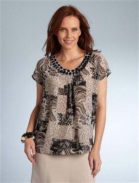 Printed Blouse with Beaded Neckline