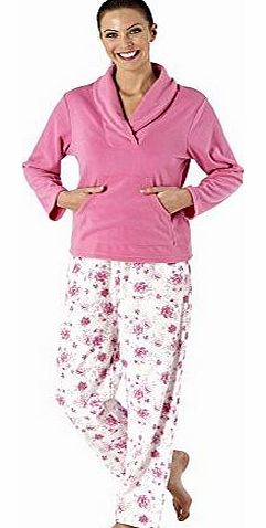 Womens/Ladies Nightwear/Sleepwear Fleece Top With Centre Pocket & Floral Pyjamas, Pink 18/20