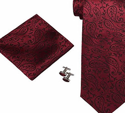 Landisun Paisley Mens Silk Tie Set: Necktie Hanky Cufflinks 30C Burgundy, 3.75``Wx59``L