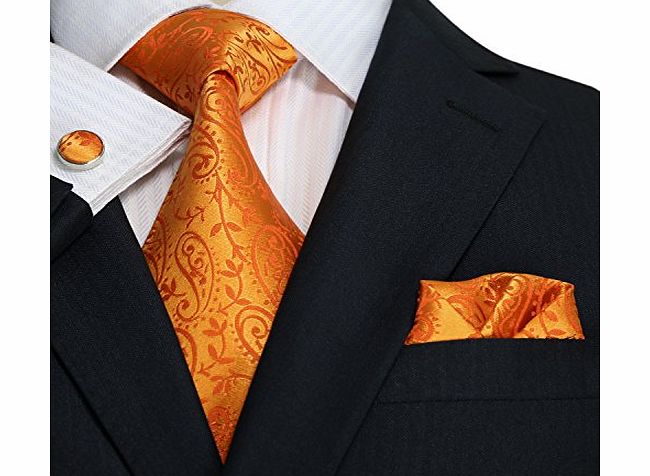 Landisun Paisley Mens Silk Tie Set: Necktie Hanky Cufflinks 44G Bright Orange, 3.75``Wx59``L