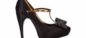 Black satin glitter bow heels