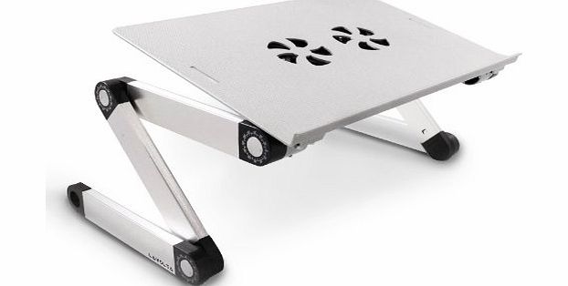 Folding Laptop Table Desk Tray Stand with Mouse Board and Cooling Pad - 2x Cooler Fans - Aluminium Alloy - Adjustable-Angle Legs - Silver