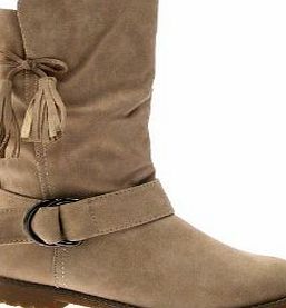 WOMENS SLOUCH FUR CUFF TASSEL FLAT RIDING BOOTS MID CALF FAUX LEATHER LADIES SHOES BEIGE SIZE UK 6