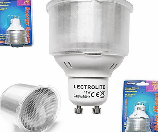 Lectrolite 10 x GU10 Low Energy CFL Light Bulbs. Low 11 Watts Usage but 45 to 50 Watts Equal Light. UK Voltage. Branded. CE Safety Approved. (Warm White)