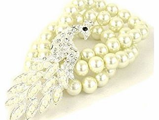 Stunning Ivory Pearl Stretch Bracelet Diamante Peacock Bridal Wear