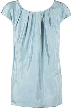 Pale blue laundered silk taffeta blouse with short cap sleeves.