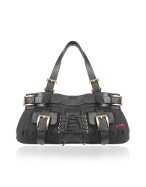 Amanda - Front Pockets Black Canvas and Leather Large Satchel Bag