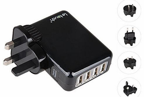 LETOUCH 4-Port USB Wall Charger Travel Kit with Interchangeable Plugs (US, UK, EU, AU) for iPhone iPod and other Smart phone, Most Tablet, MP3 Devices etc(Black)