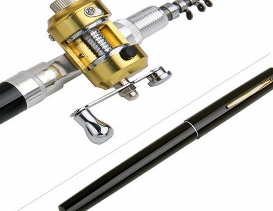 Black Mini Pocket Aluminum Alloy Pen Fishing Rod Pole w/ Reel