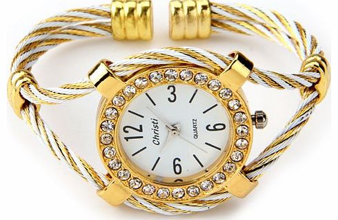 Gold Tone Rope Lady Rhinestone Wrist Watch Bangle Bracelet Cuff