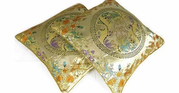 Li Peng Pair of Oriental Chinese Silk Cushion Covers 16`` x 16 Gold Dragon Design