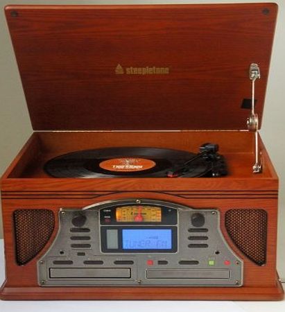 LIME SHOP Steepletone Lancaster Nostalgia/Retro 5-in-1 3 Speed Turntable/Record Player, CD or MP3-CD Player, Radio, Cassette Player and CD Burner/Recorder System in Dark Wood Finish