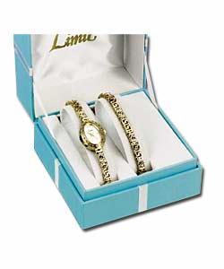 Ladies Gold Plated Stone Set Watch and Bracelet Set