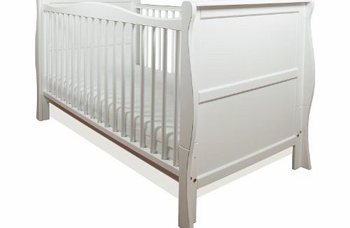 LITTLE BABES LTD BEAUTIFUL PINE WOOD WHITE SLEIGH COT BED 3 in 1   QUALITY FIBRE MATTRESS 4 - 10cm THICK
