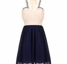 Cream and navy pleated embellished dress