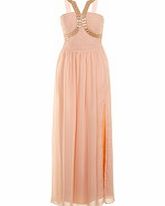 Peach embellished halterneck maxi dress