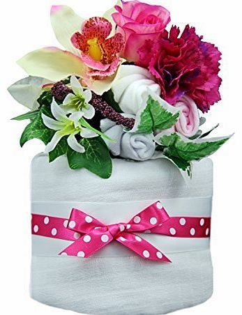 New 1 tier Pink and White nappy cake with sock bouquet for baby girl (maternity, shower gift present)