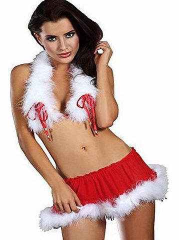 LivCo Corsetti Santas Dream Luxury Sheer Open Cup Bra Top, Skirt and Matching Thong Set (L/XL - (UK 12 to 14), Red/White)