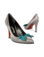 Front Bow Silver Satin and Leather Evening Shoes