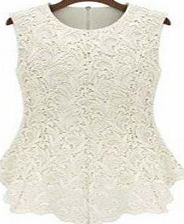 LL Sleeveless Embroidery Lace Flared Peplum Crochet Top Vest blouse (14, White)