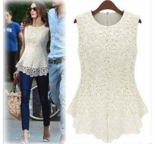 LL Sleeveless Embroidery Lace Flared Peplum Crochet Top Vest blouse (16, White)