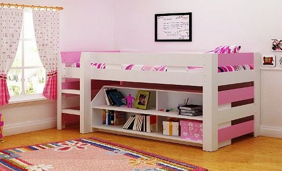 Lollipop New Lollipop Girls Pink 3ft Mid Sleeper Cabin Under Bed Storage Shelves Bookcase