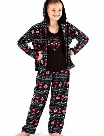 Lora Dora Childrens Kids Girls Lounge Pants   Hooded Jacket 3 Piece Set Pyjamas Nightwear Sleep Suit Outfit Black Patterned Size UK 7-8 Years