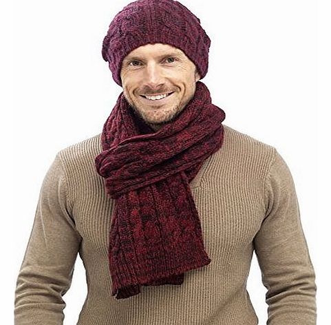 Mens Luxury Fairisle Bobble Set Cable Knit Slouch Beanie Bobble Hat + Scarf Gift Set Warm Winter Gents Boys Red/Blue