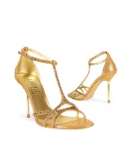 Swarovski Crystal T-strap Gold Leather Evening Sandal Shoes