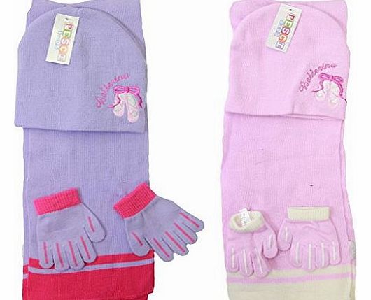 Girls Cute Ballerina Detail Hat Scarf Glove Set Winter Warm Kids Beanie Hat and Scarf Glove Gift Idea Xmas Birthday Gift 3-6 Years Pink