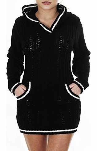 Ladies Cable Knit Long Sleeve Thigh Length With Trim Hooded Jumper Dress - Size S M L XL XXL XXXL 8 10 12 14 16 18