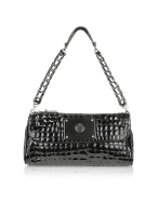 Hares Croco - Black Stamped Patent Leather Baguette Bag