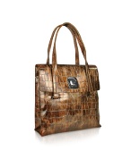 Kueba - Brown Croc Stamped Eco-Leather Tote Bag